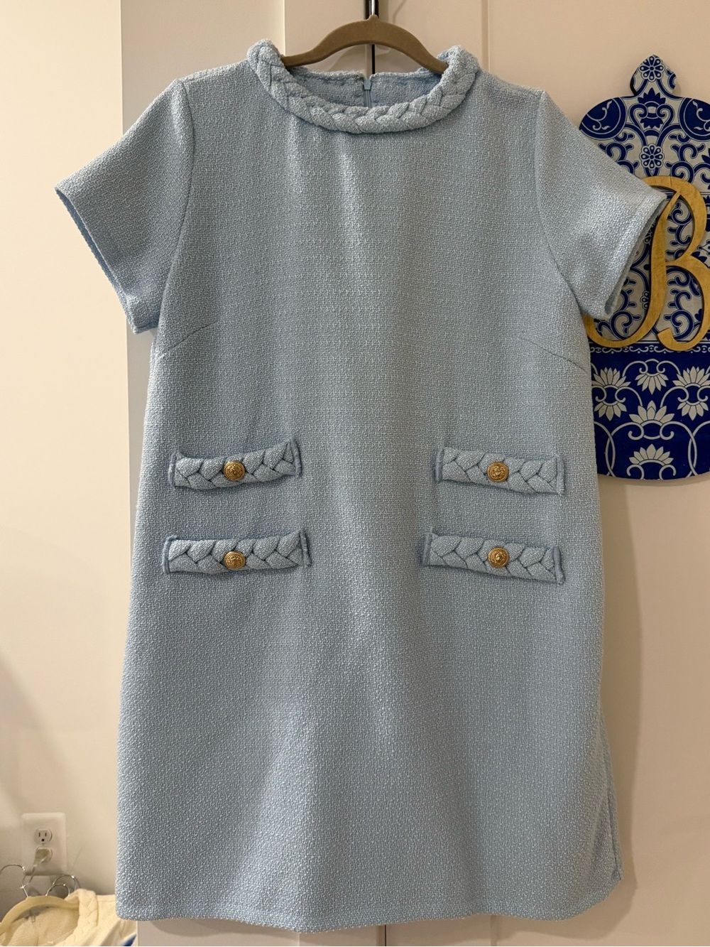 Light Blue Shift Dress with Braided Trim